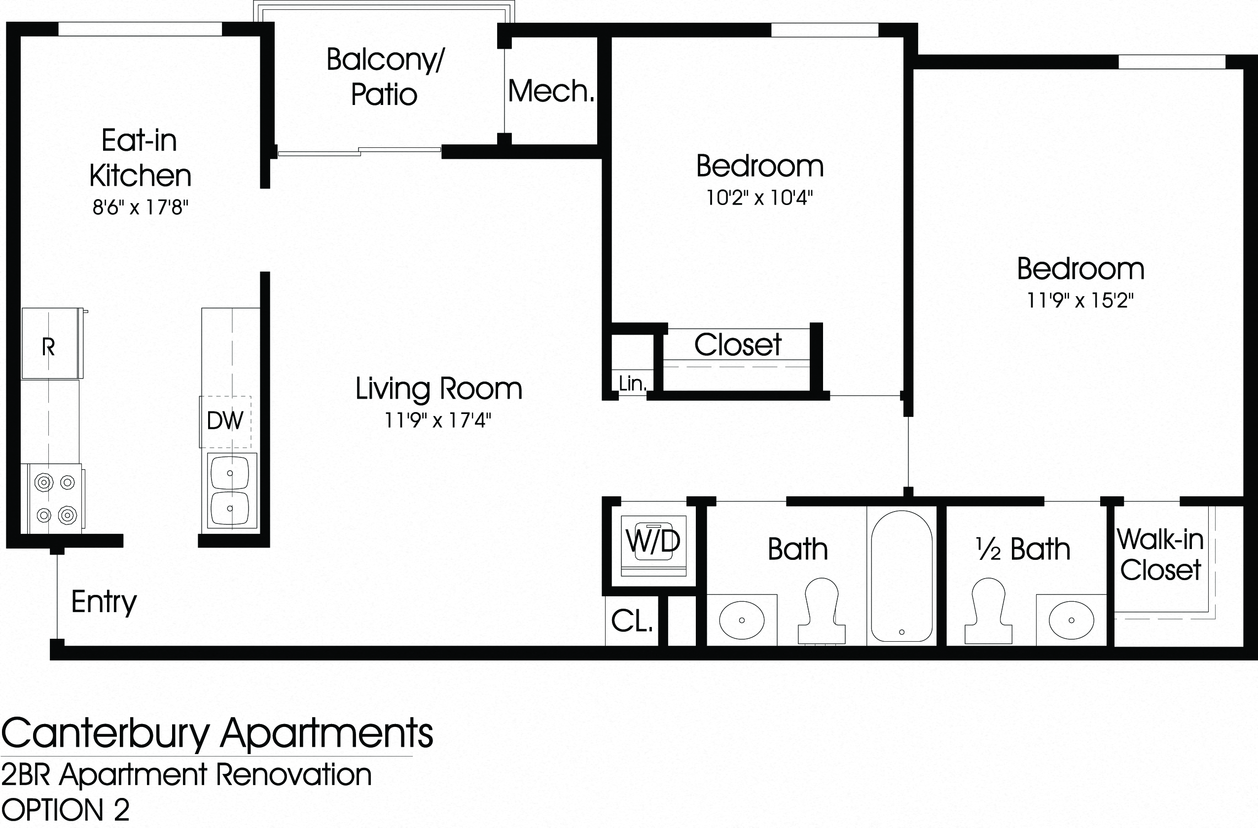 Floor plan for 2 beds, 1.5 baths, 860 sqft